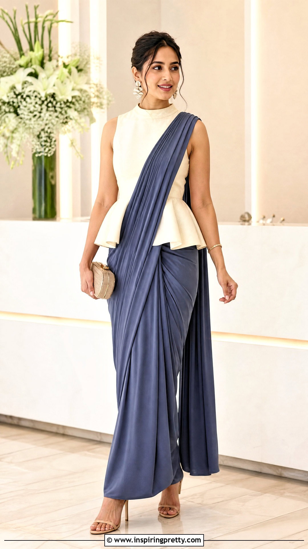 Sleeveless Peplum Top With Pre Draped Saree - 20 peplum top with saree outfit ideas
