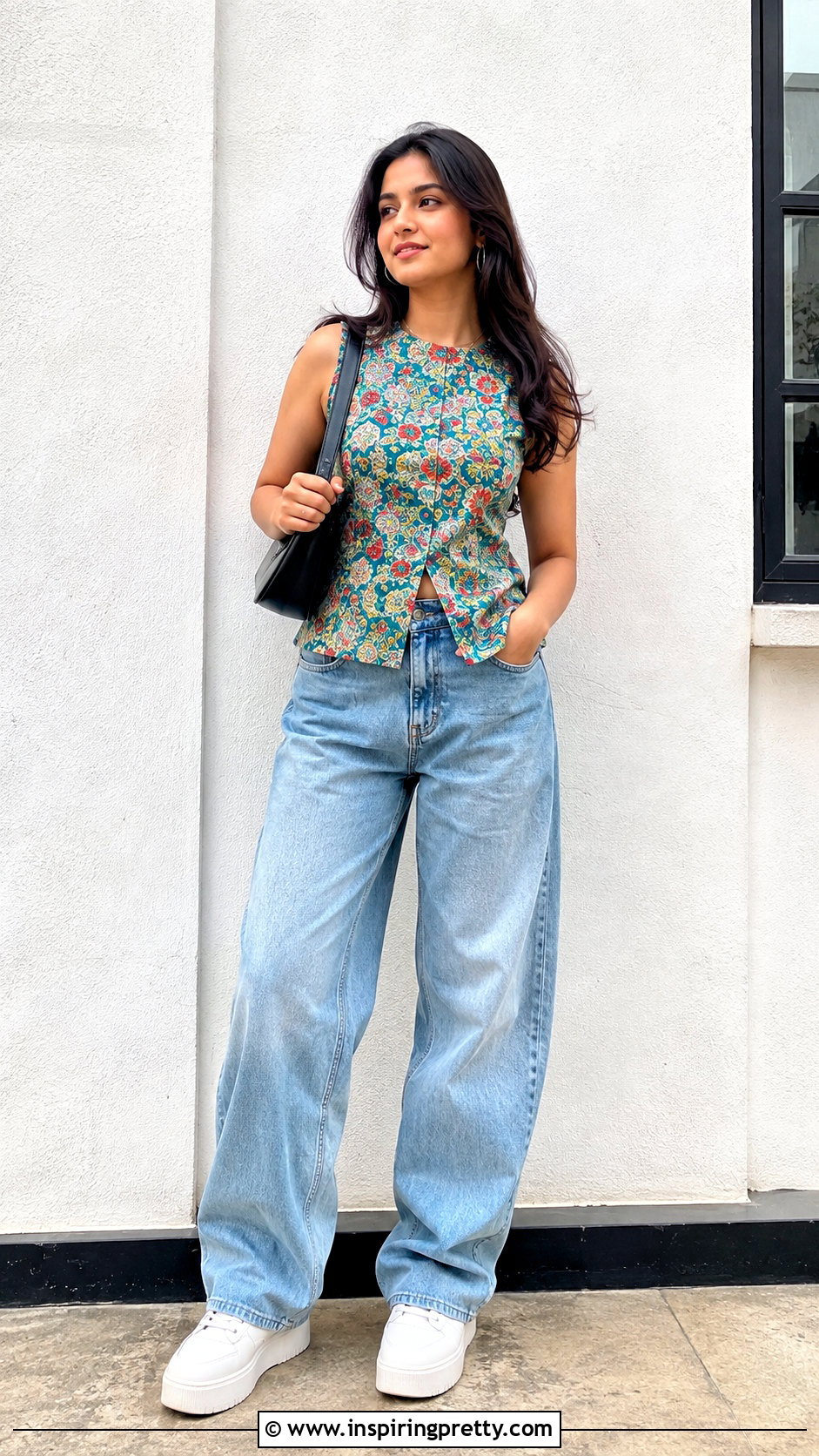 Sleeveless Printed Kurti With Baggy Jeans - 50 short kurti tops for jeans