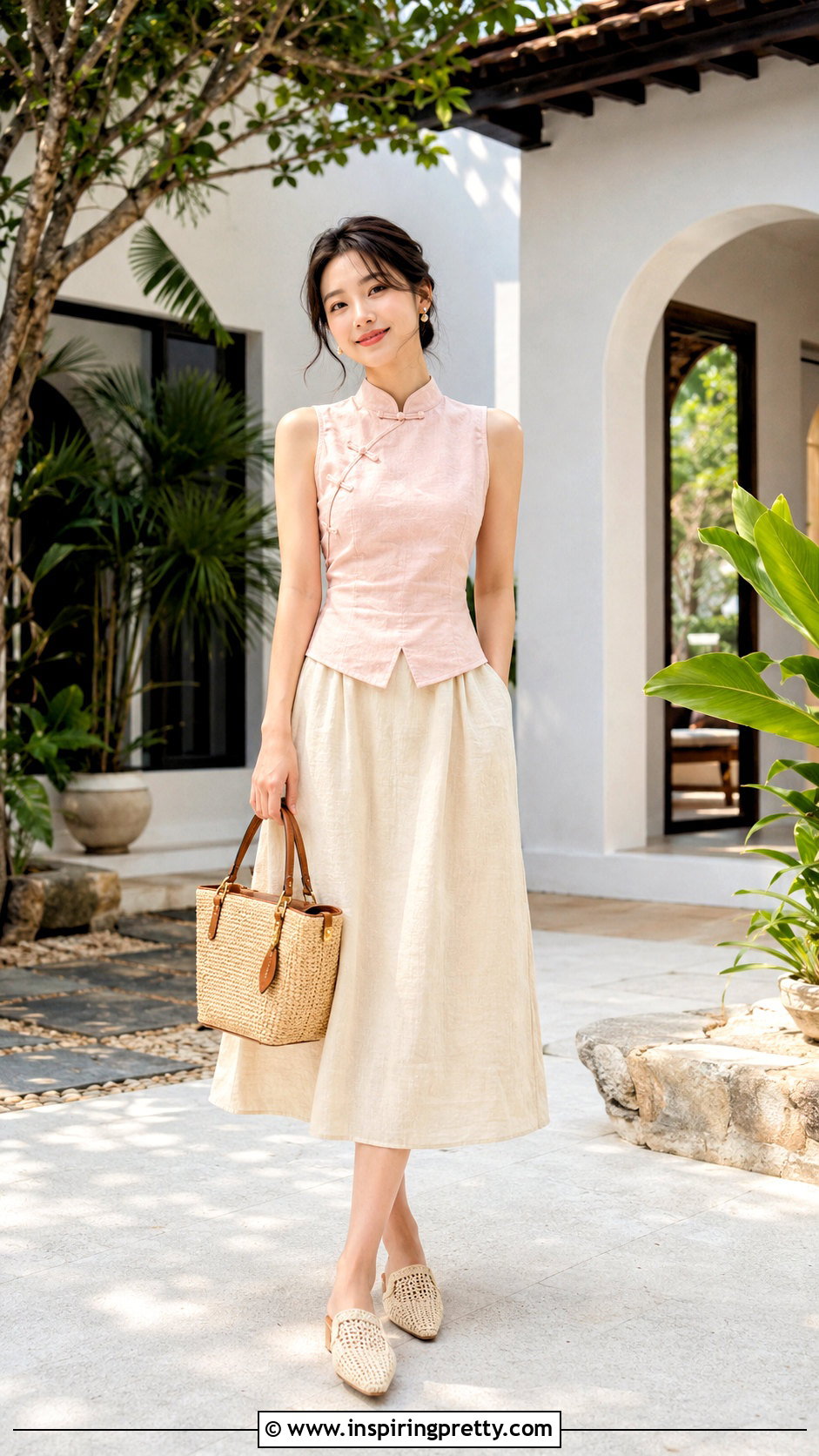 Sleeveless Qipao Top With Linen Skirt - 50 qipao top outfit ideas