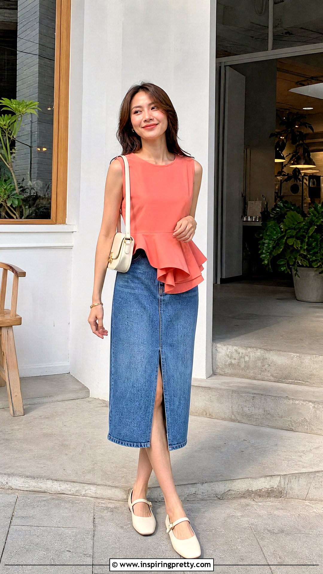 Sleeveless Structured Ruffle Top With Denim Midi Skirt - 20 Structured Ruffle Top outfit ideas