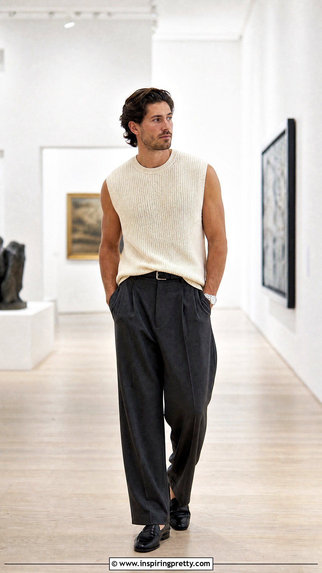 Sleeveless Sweater Top With Wide Trousers - 50 sleeveless top outfit men ideas