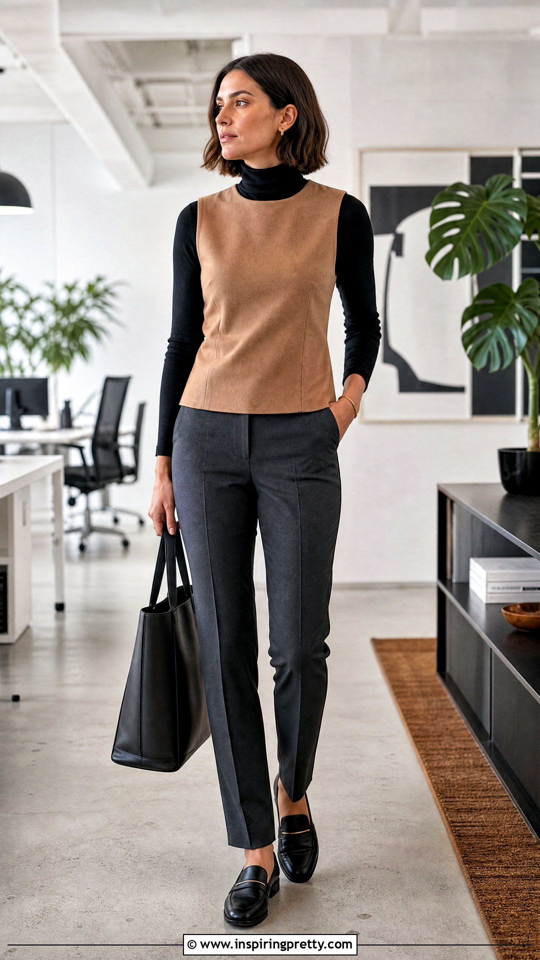 Sleeveless Tiny Tunic Top With Turtleneck And Trousers - 20 tiny tunic top outfit ideas