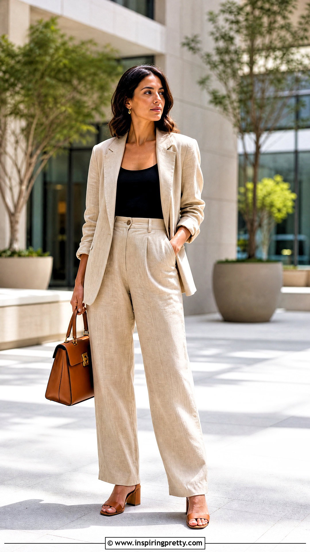 Sleeveless Top With Linen Blazer - 50 sleeveless top outfit ideas