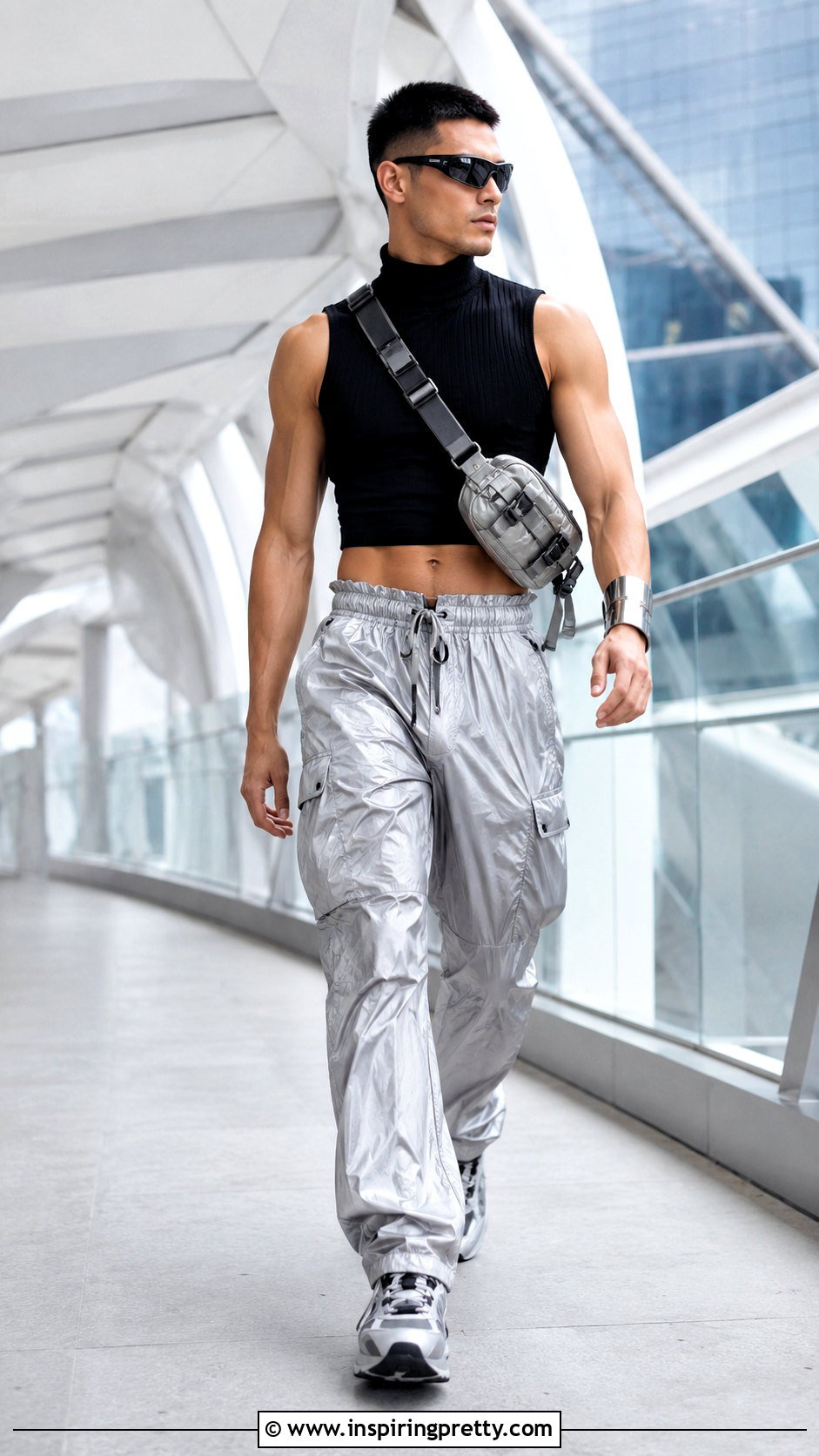Sleeveless Turtleneck Crop Top With Parachute Pants - 20 sleeveless turtleneck crop top men outfit ideas