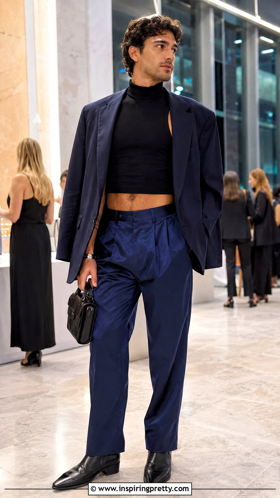 Sleeveless Turtleneck Crop Top With Satin Trousers - 20 sleeveless turtleneck crop top men outfit ideas