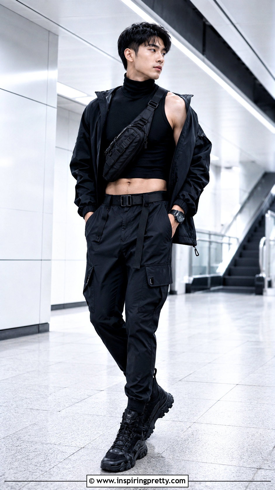 Sleeveless Turtleneck Crop Top With Techwear Pants - 20 sleeveless turtleneck crop top men outfit ideas