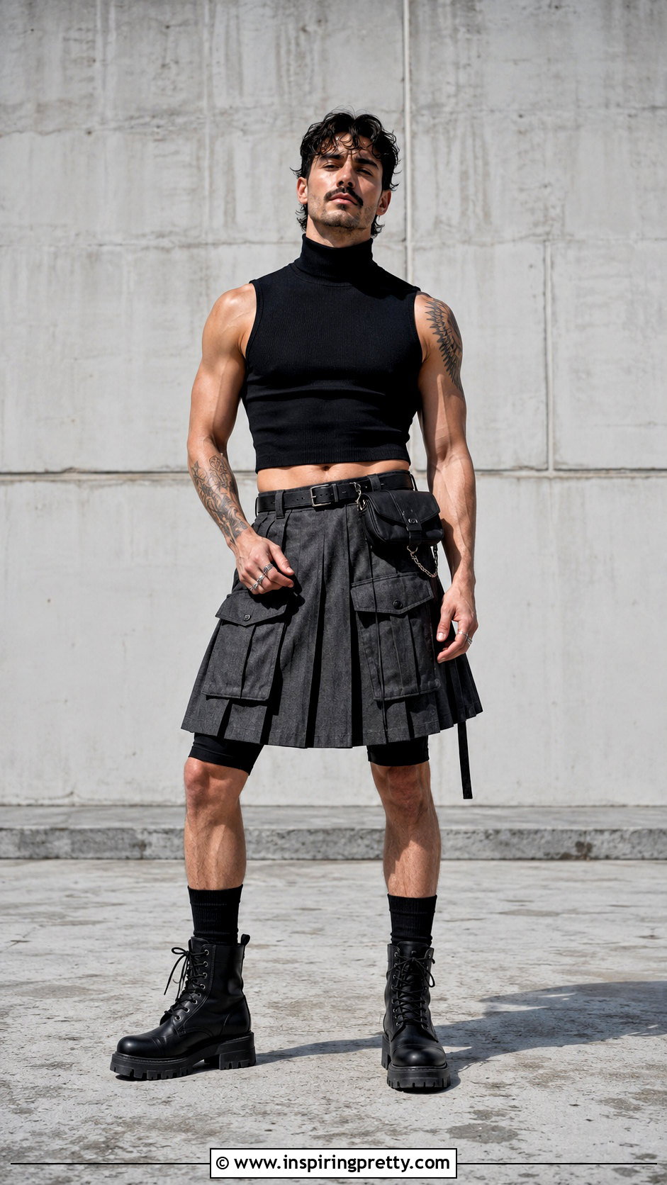 Sleeveless Turtleneck Crop Top With Utility Kilt - 20 sleeveless turtleneck crop top men outfit ideas