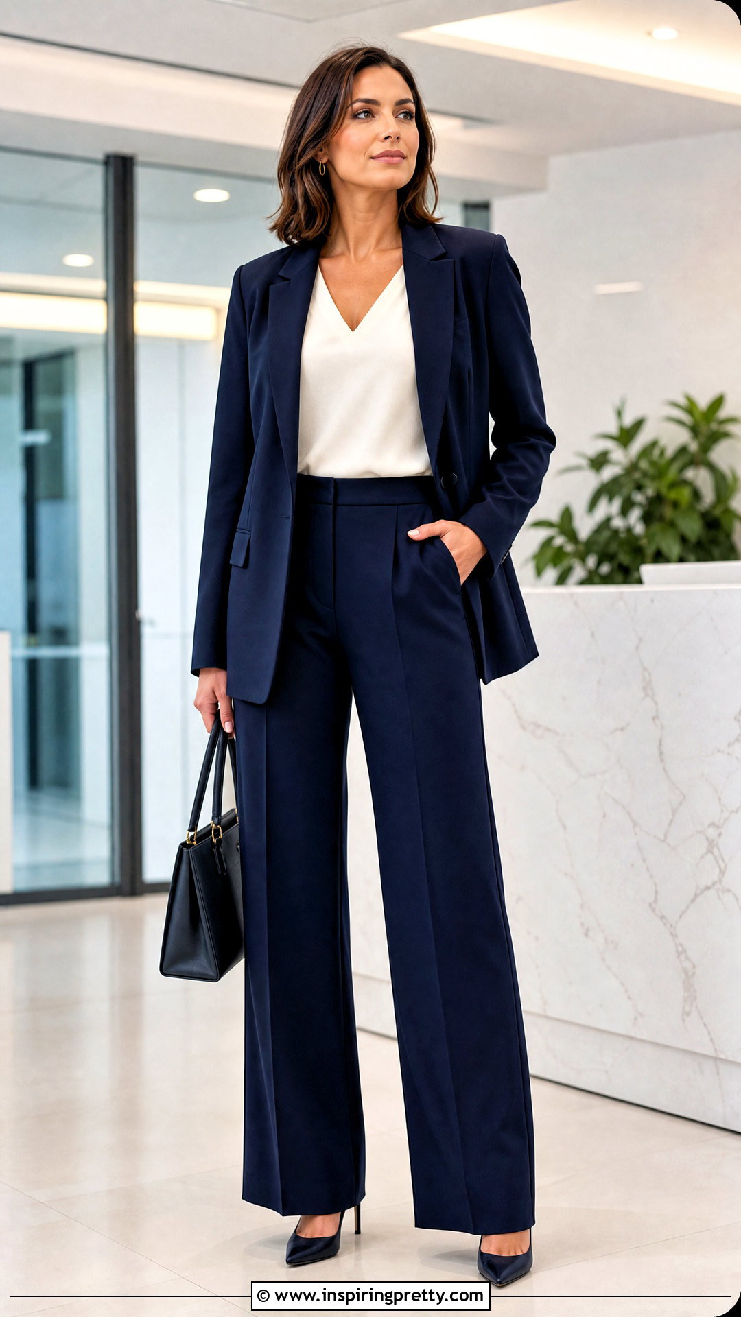 Sleeveless V Neck Shell With Trouser Suit - 50 tops for broad shoulders for women