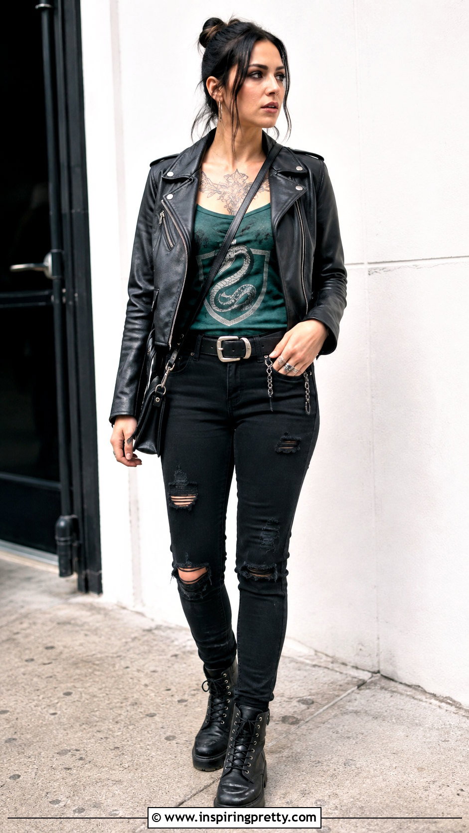 Slytherin Tank Top With Ripped Jeans And Leather Jacket - 25 Slytherin Tank Top outfit ideas