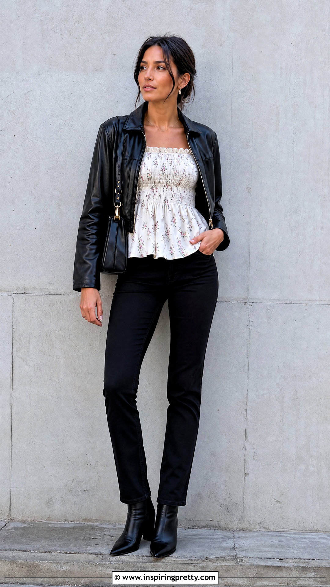 Smocked Babydoll Top With Leather Jacket And Black Pants - 20 easy smocked babydoll top outfit ideas