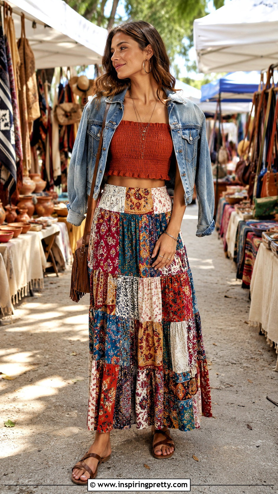 Smocked Bohemian Crop Top With Patchwork Skirt - 20 Bohemian Style Crop Top outfit ideas