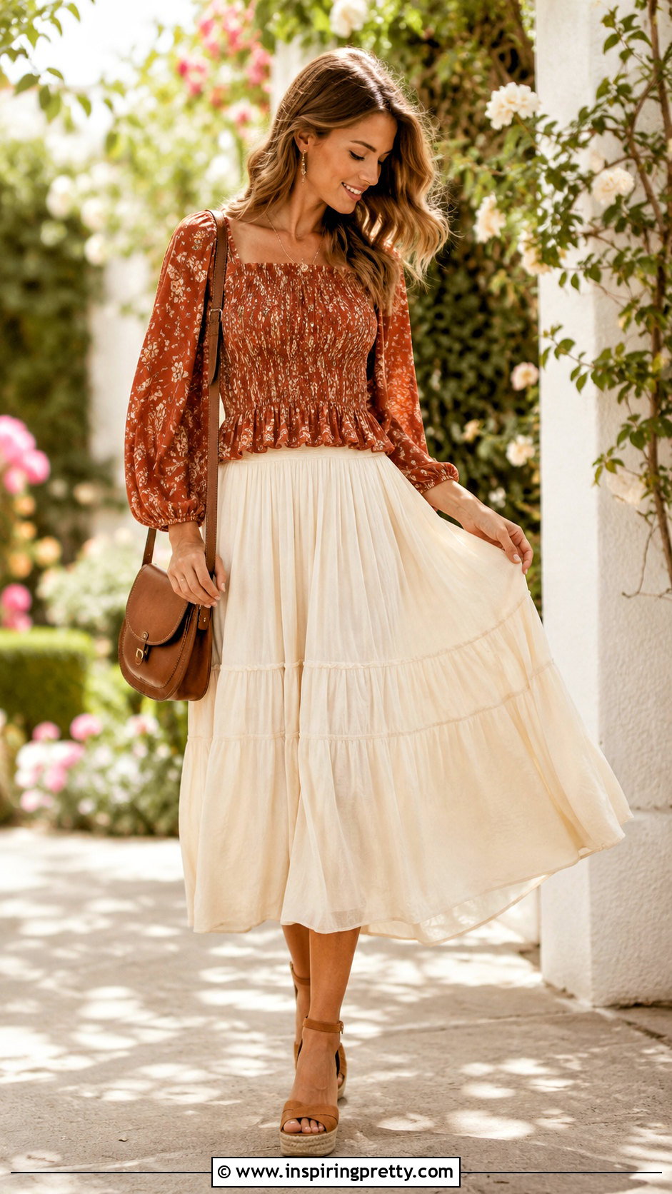 Smocked Bohemian Top With Midi Skirt - 20 bohemian chic tops outfit ideas