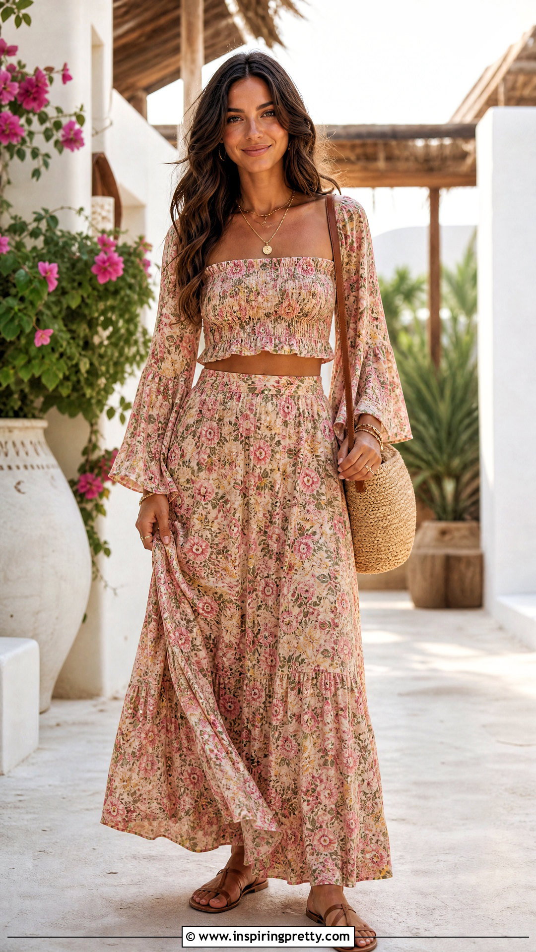 Smocked Flared Sleeve Crop Top With Maxi Skirt - 50 flared sleeves tops