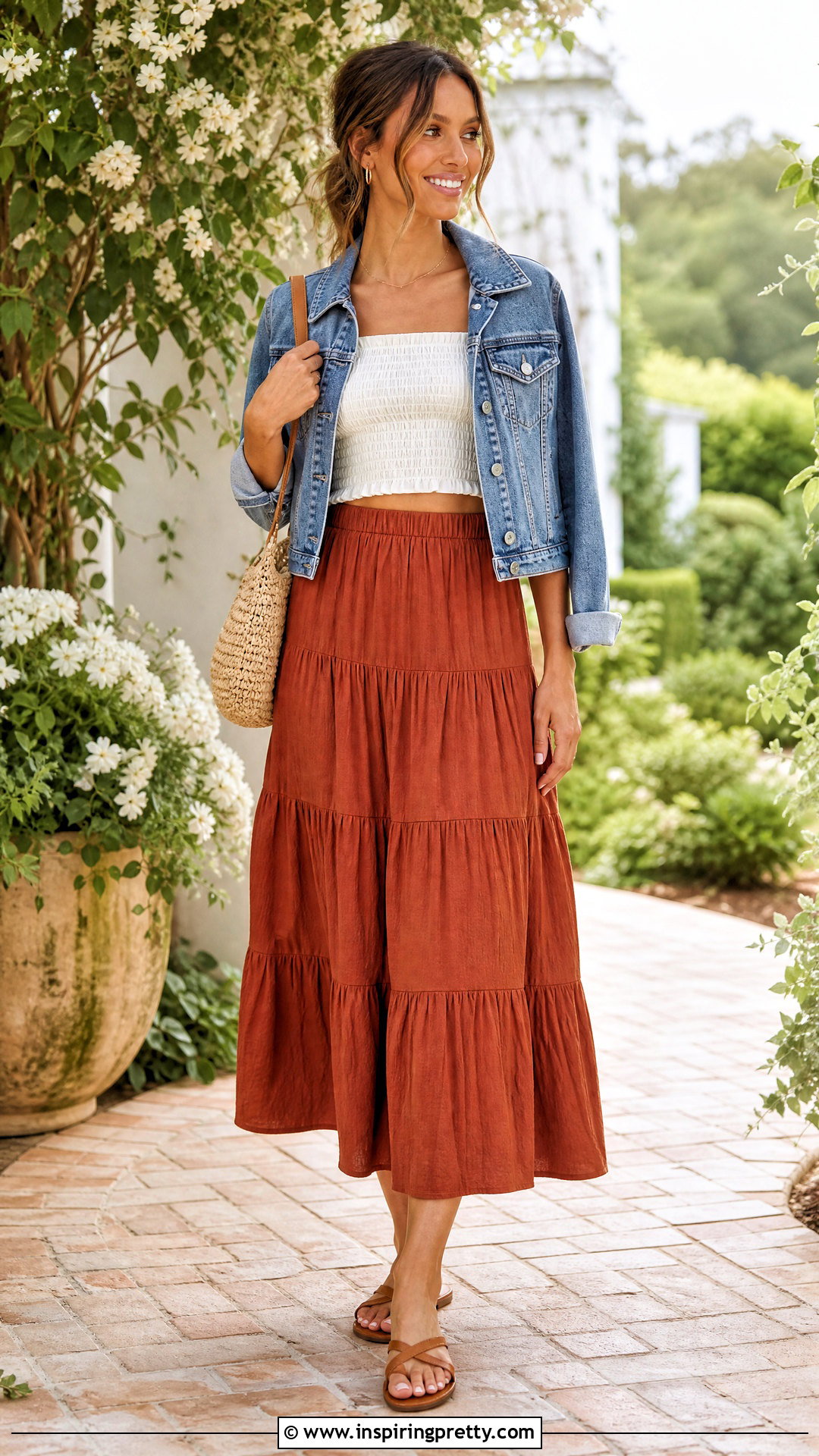 Smocked Short Top With Tiered Skirt - 50 short tops outfit ideas