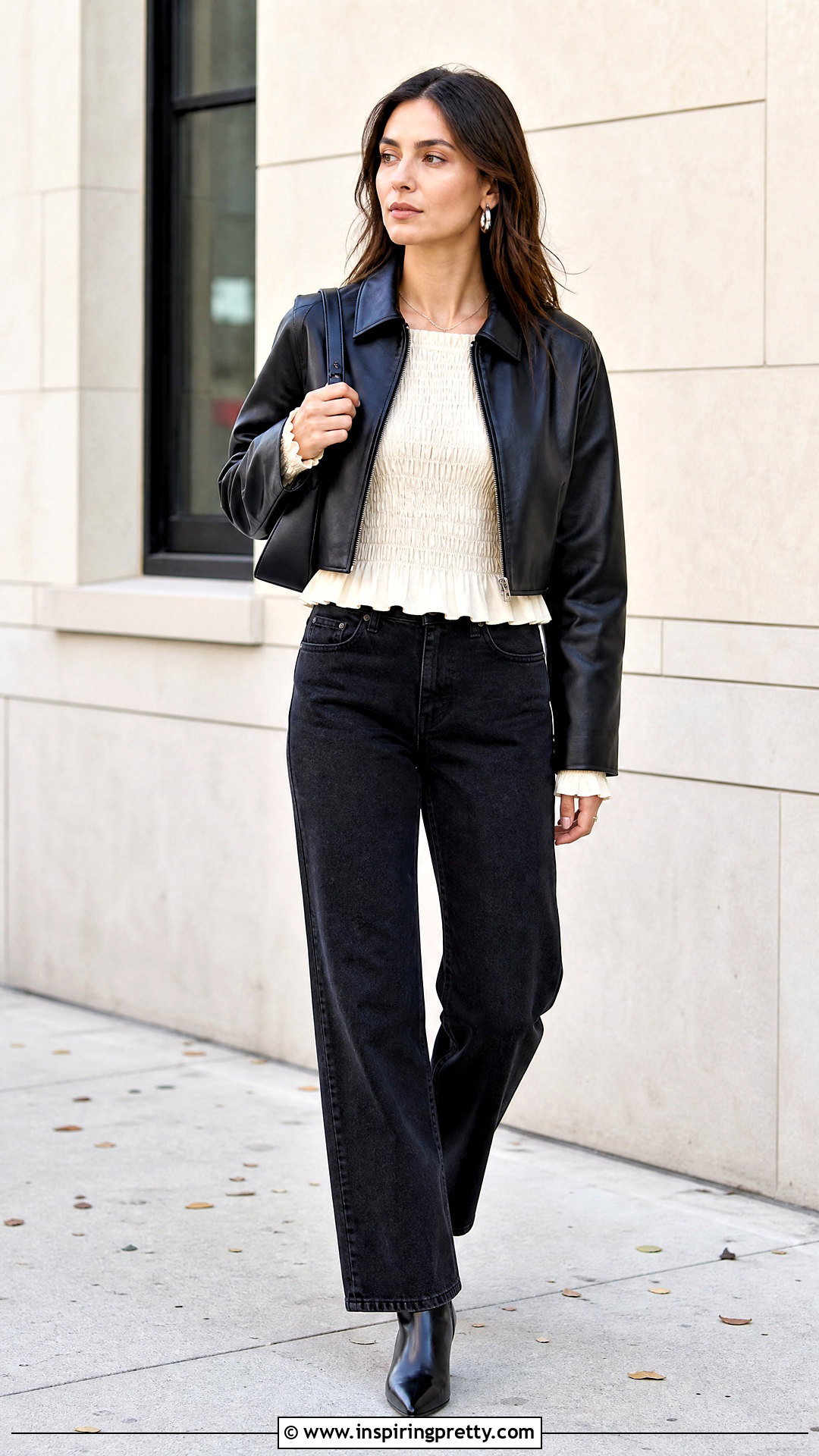 Smocked Top With A Leather Jacket And Jeans - how to style smocked tops (20 ways)
