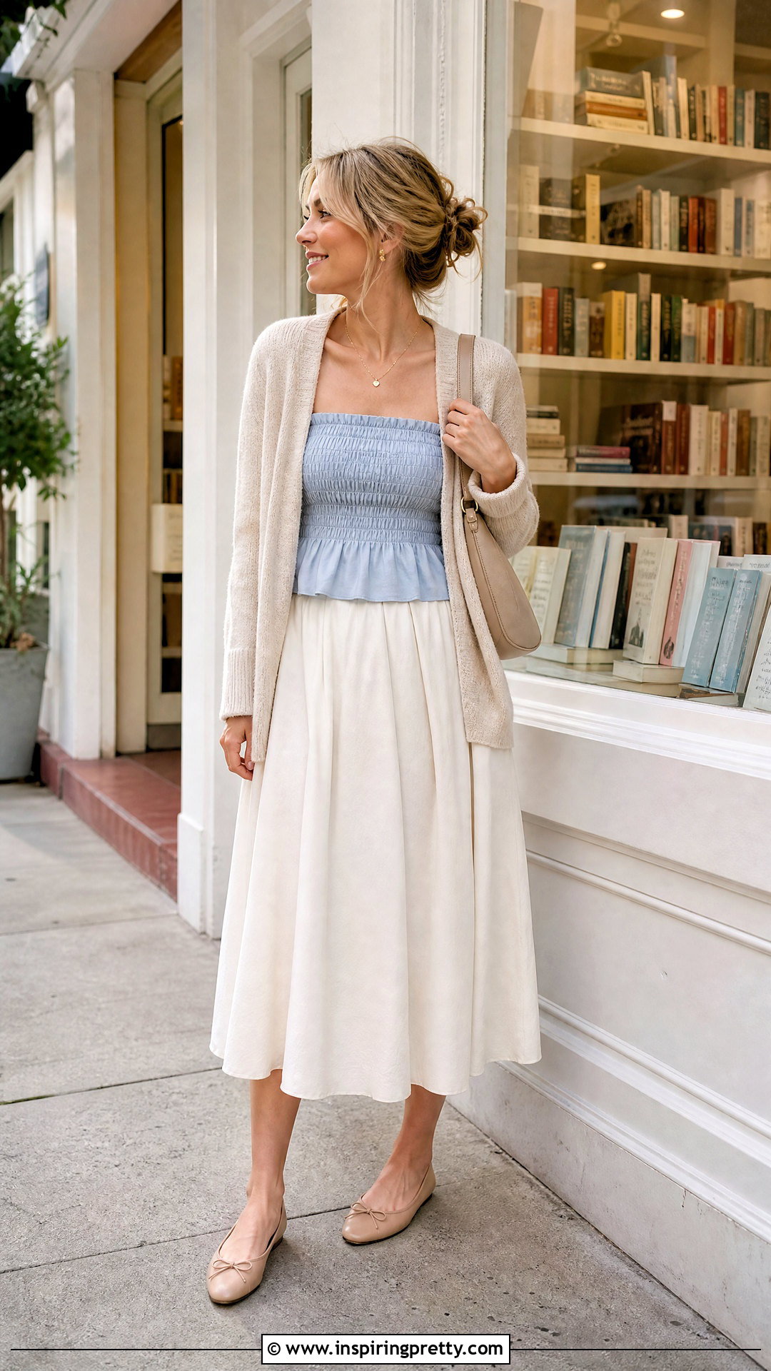 Smocked Top With Cardigan And A Line Skirt - 20 Smocked Top Fashion Trend outfit ideas