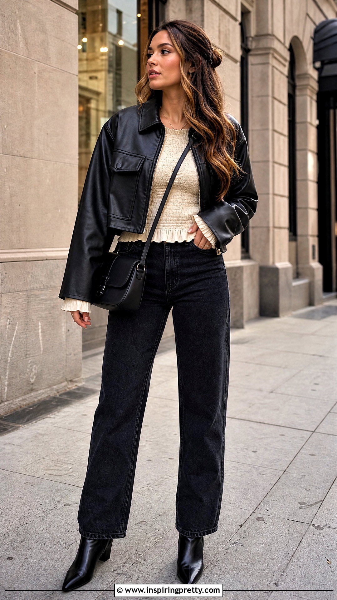 Smocked Top With Leather Jacket And Straight Jeans - 20 Smocked Top Fashion Trend outfit ideas