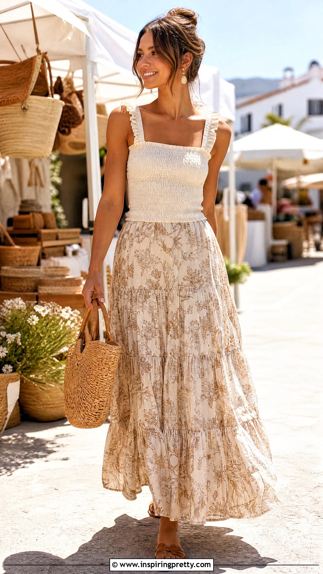 Smocked Top With Tiered Maxi Skirt - 50 cute tops outfit ideas