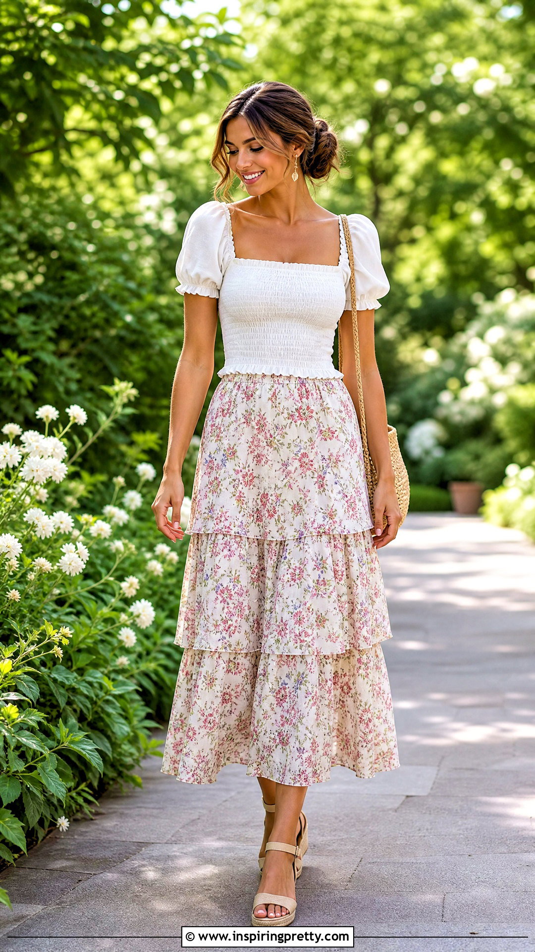 Smocked Top With Tiered Midi Skirt - 50 cute summer tops outfit ideas