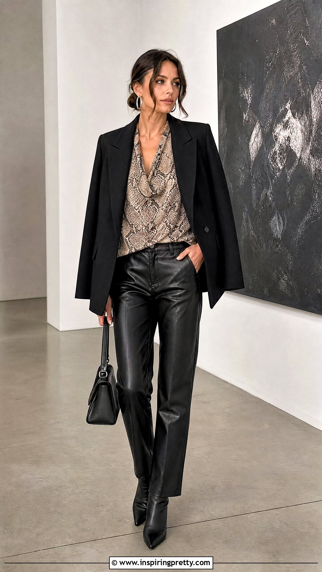 Snake Print Top With Faux Leather Pants - 50 animal print top outfit ideas