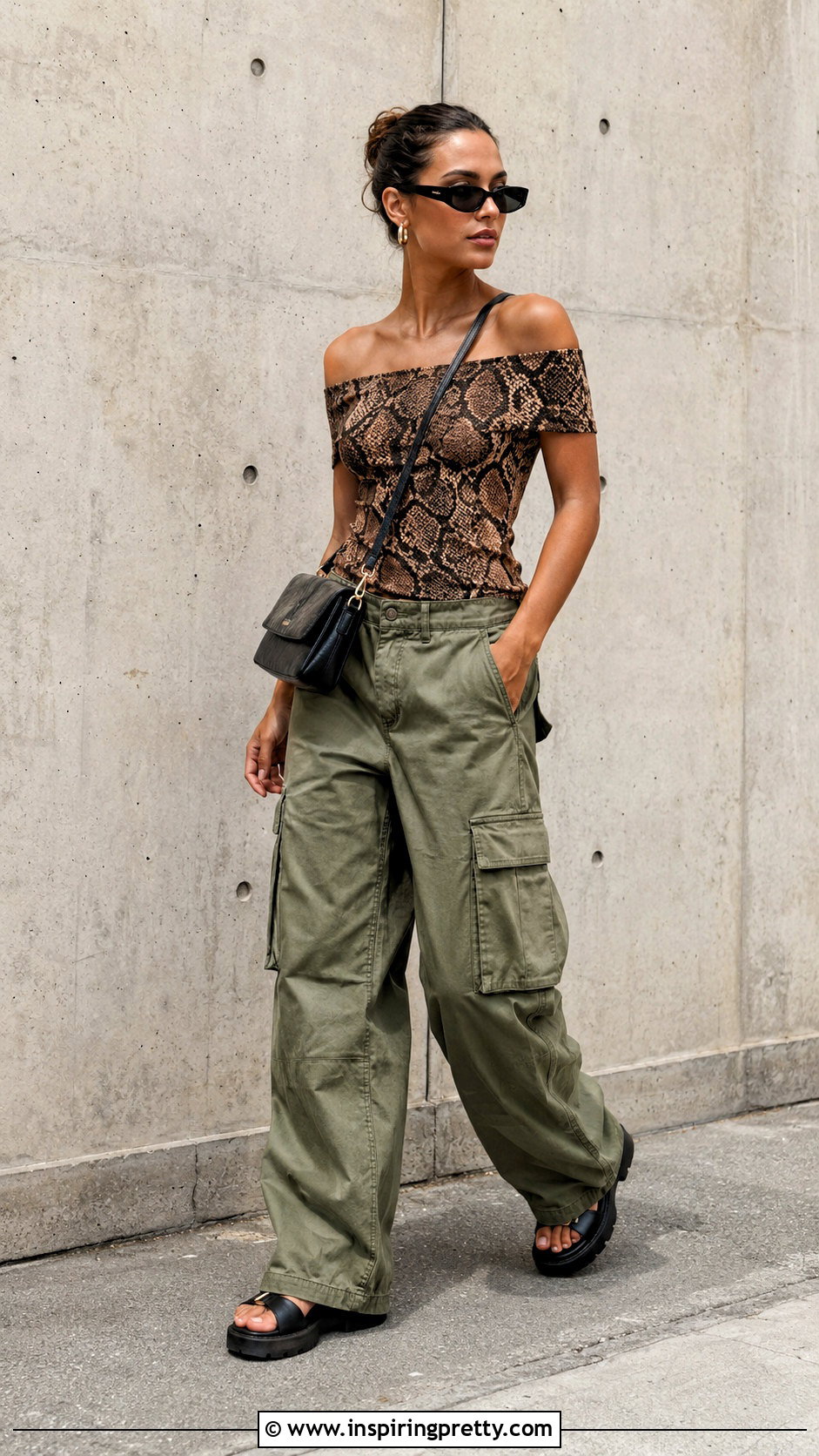 Snakeskin Print Off Shoulder Top With Olive Cargo Pants - 20 snakeskin print off-shoulder top outfit ideas