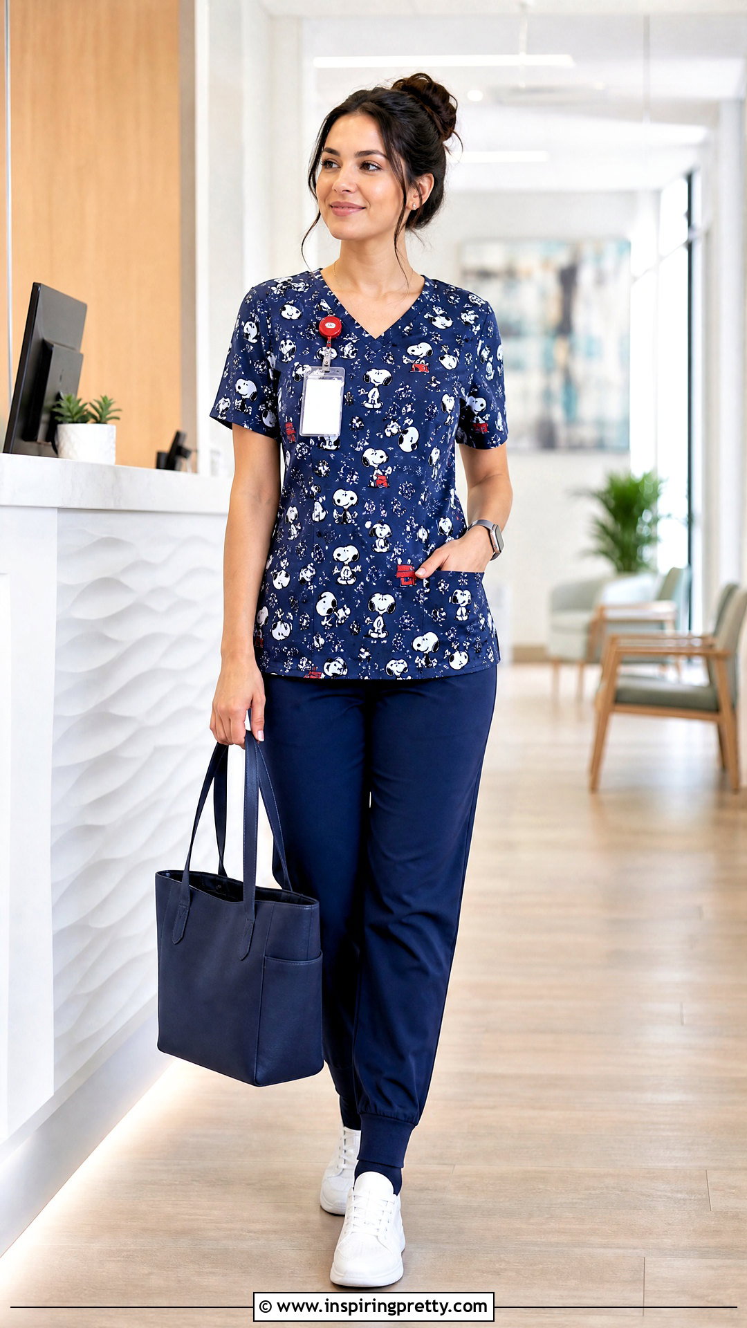 Snoopy Character Scrub Top With Navy Scrub Pants - 20 character scrub tops outfit ideas