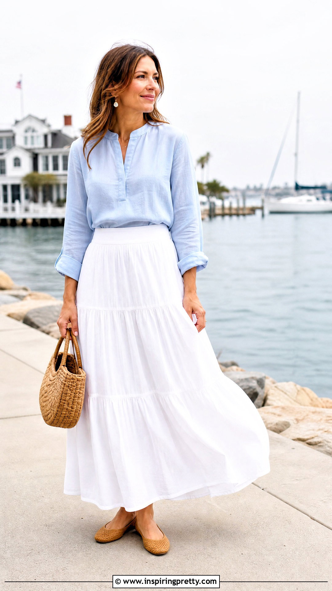 Soft Blue Top With White Maxi Skirt - 50 modest summer tops outfit ideas