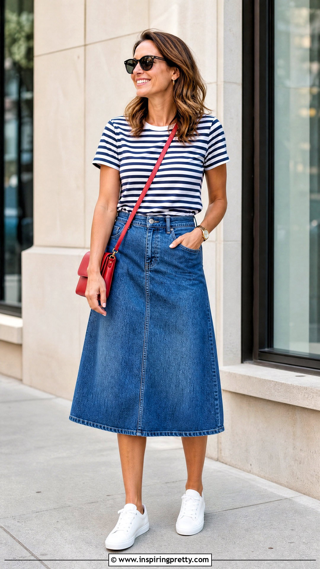 Soft Surroundings Striped Tee With Denim Midi Skirt - 20 soft surroundings tops outfit ideas