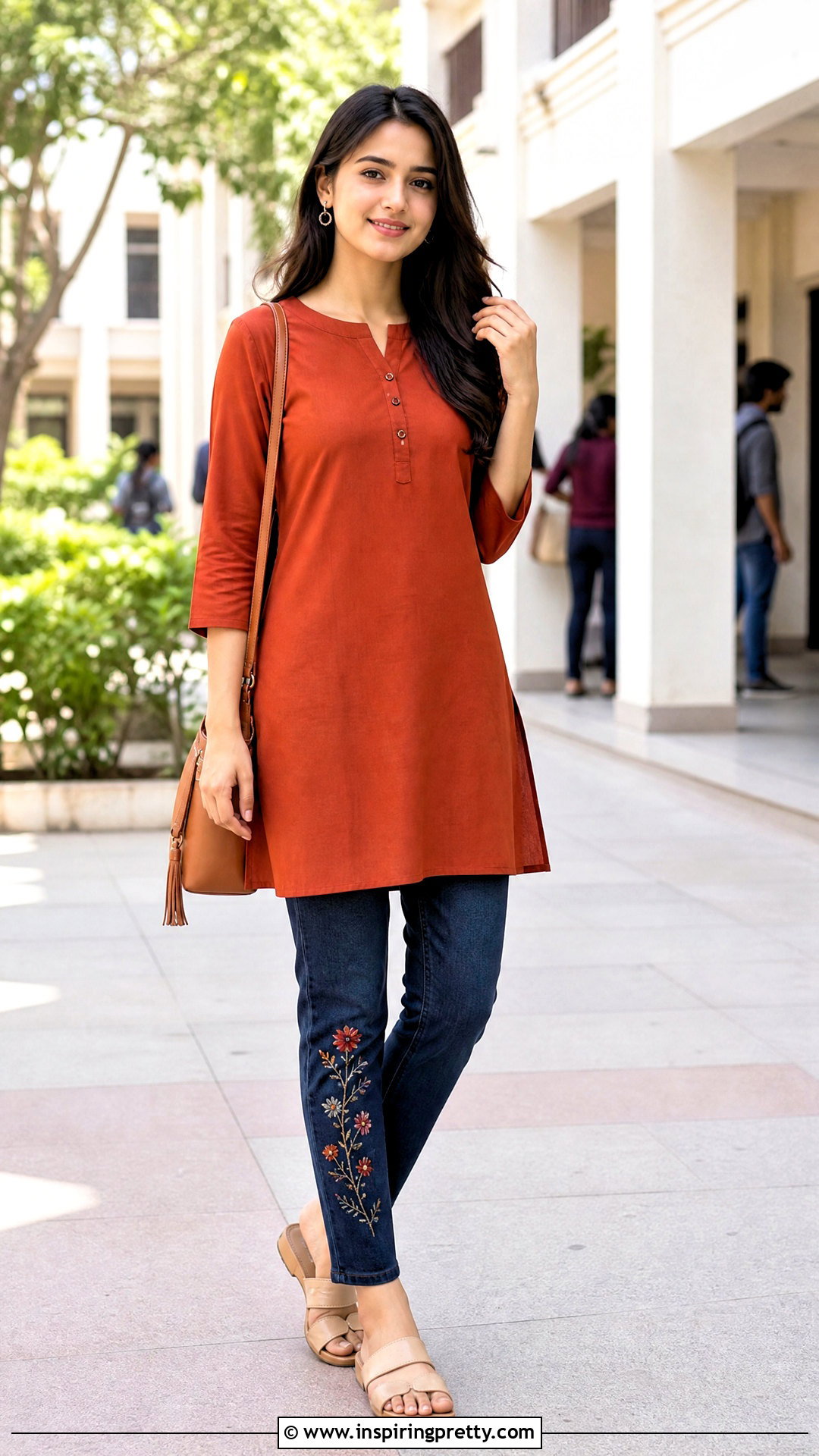 Solid Kurti With Embroidered Jeans - 50 jeans tops indian style for women
