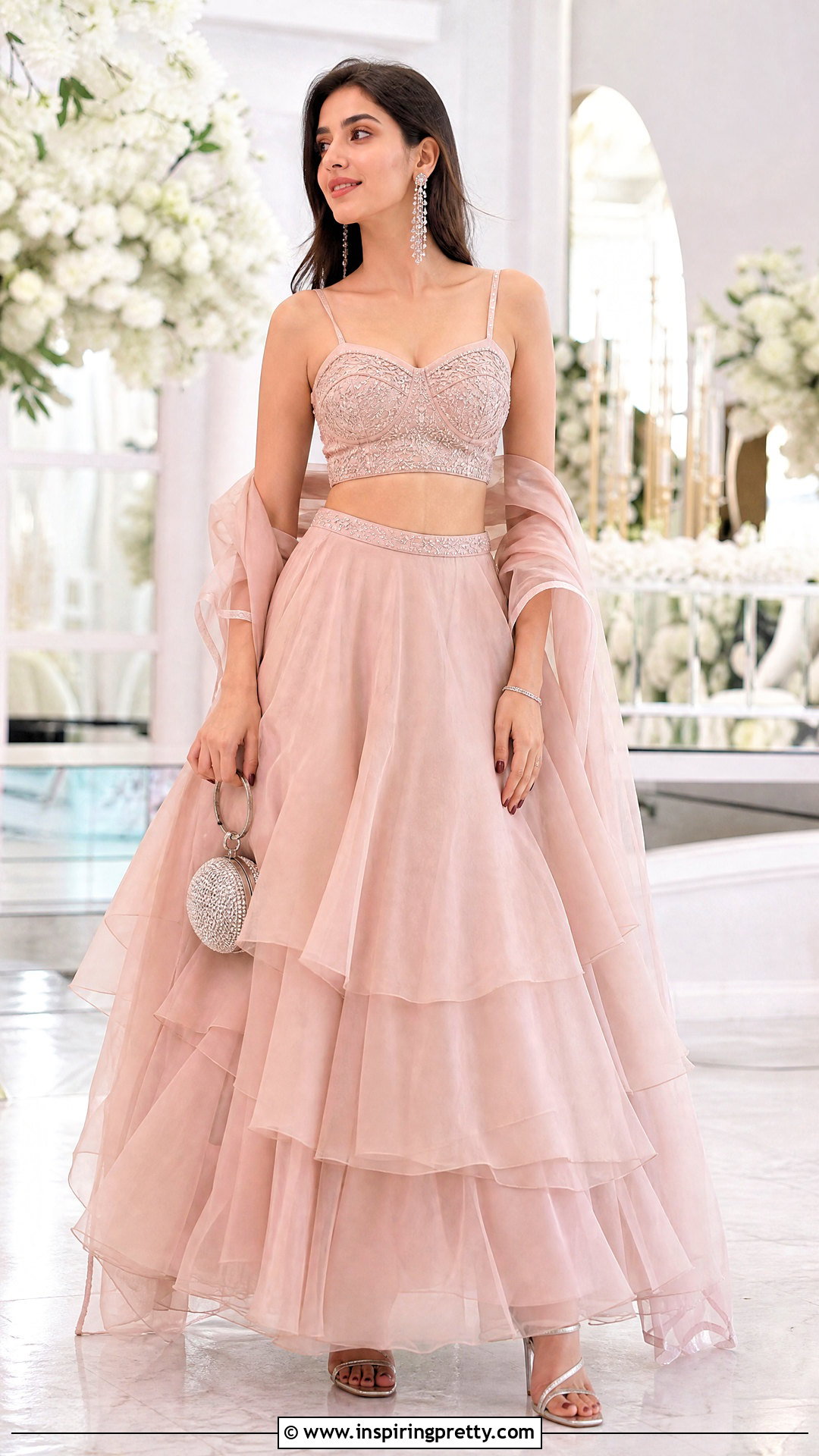 Spaghetti Strap Crop Top Blouse With Layered Lehenga - 50 latest crop top blouse designs
