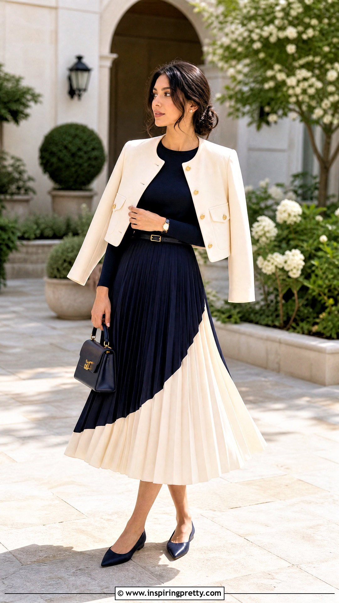Spandex Long Sleeve Top With a Pleated Midi Skirt - 25 spandex long sleeve top outfit ideas