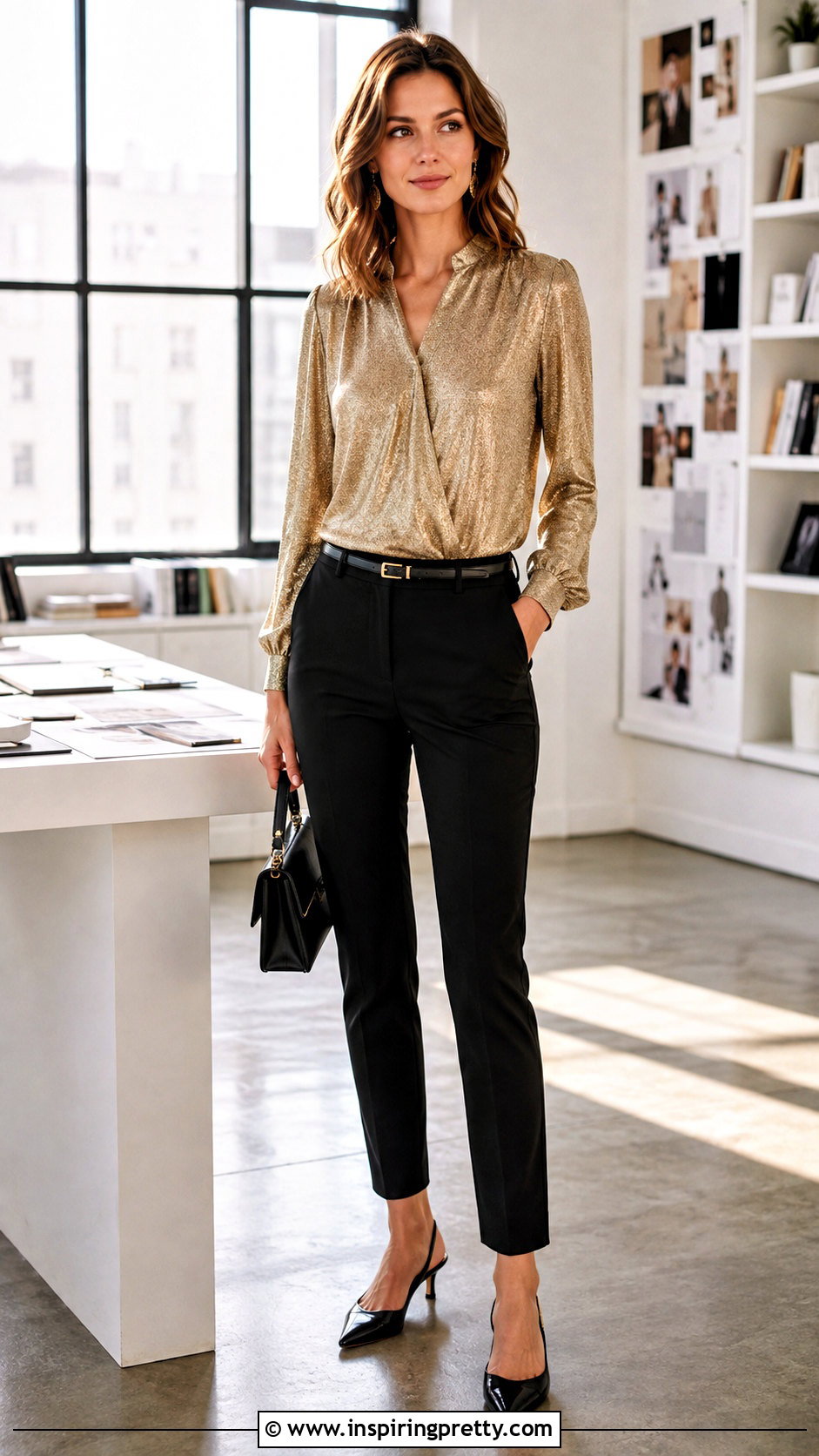 Sparkle Blouse With Cigarette Pants - 50 sparkle top outfit ideas