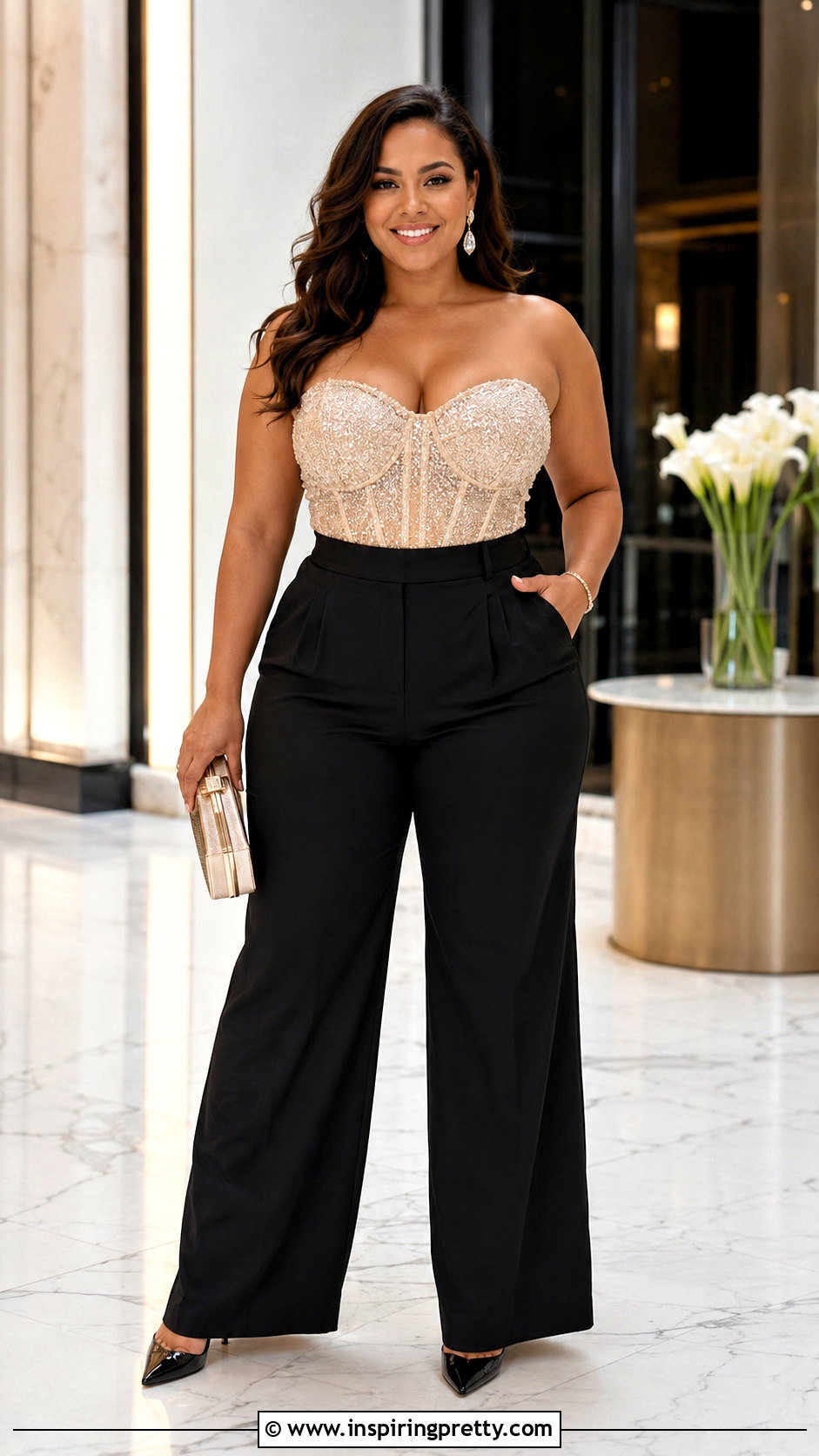 Sparkle Bustier Top With Black Wide Leg Trousers - 20 sparkle bustier top outfit ideas