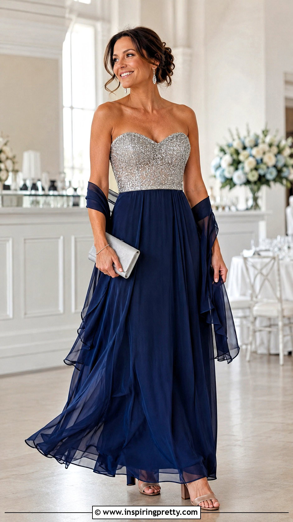 Sparkle Bustier Top With Chiffon Maxi Skirt - 20 sparkle bustier top outfit ideas