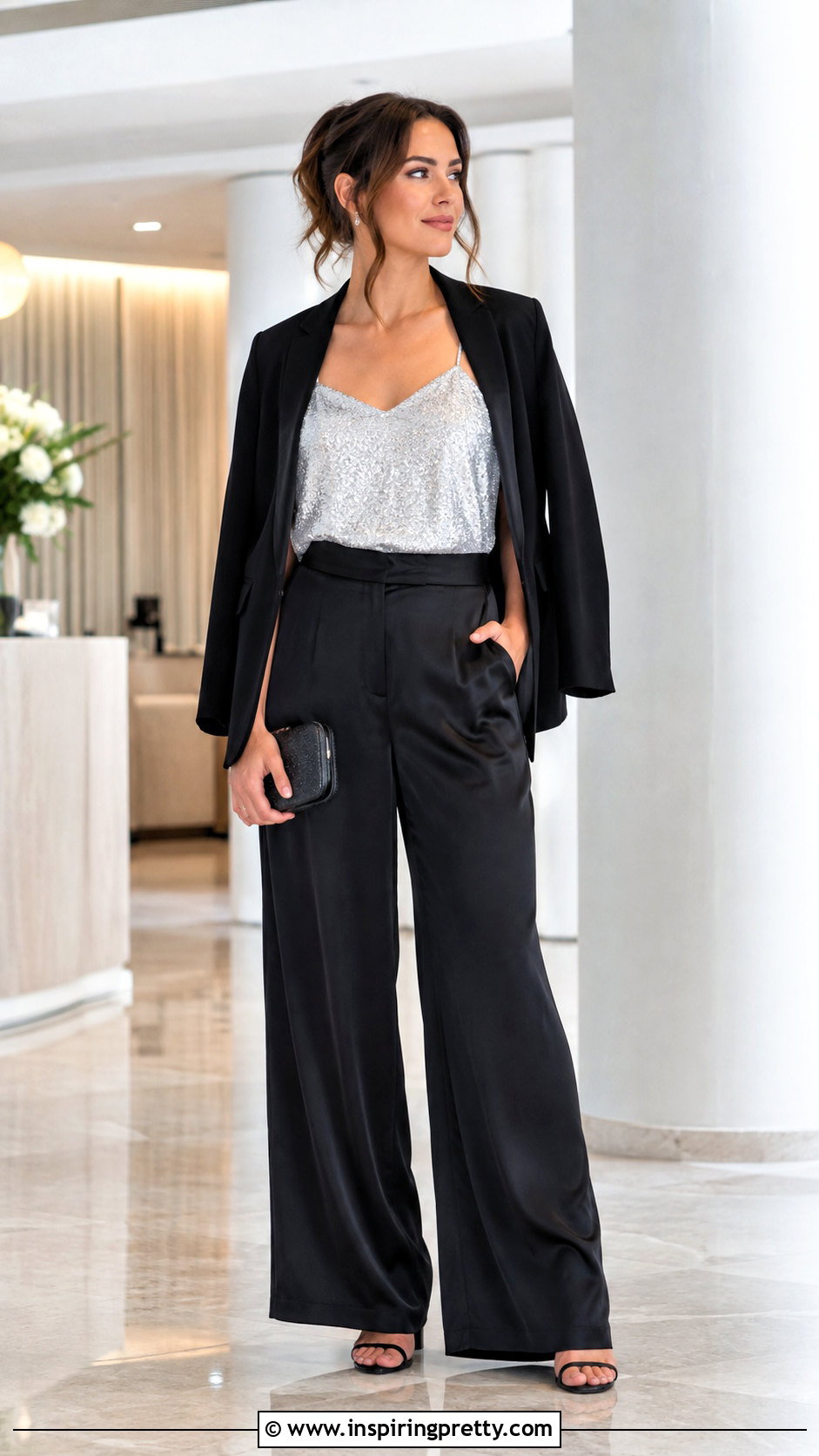 Sparkle Camisole With Satin Pants - 50 sparkle top outfit ideas