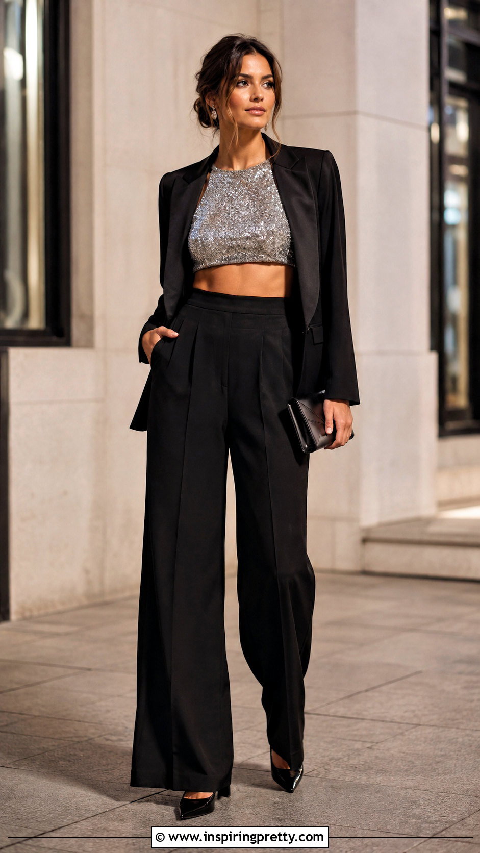 Sparkle Crop Top With High Waisted Trousers - 50 sparkle top outfit ideas