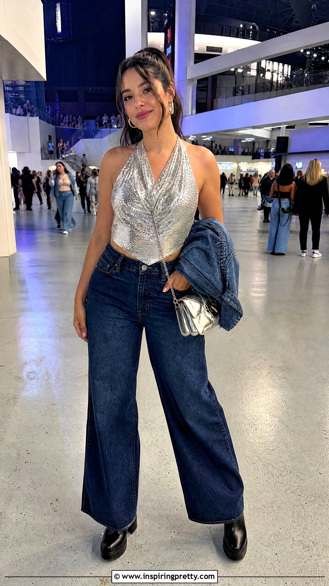 Sparkle Halter Concert Top With Wide Leg Jeans - 20 sparkle concert top outfit ideas
