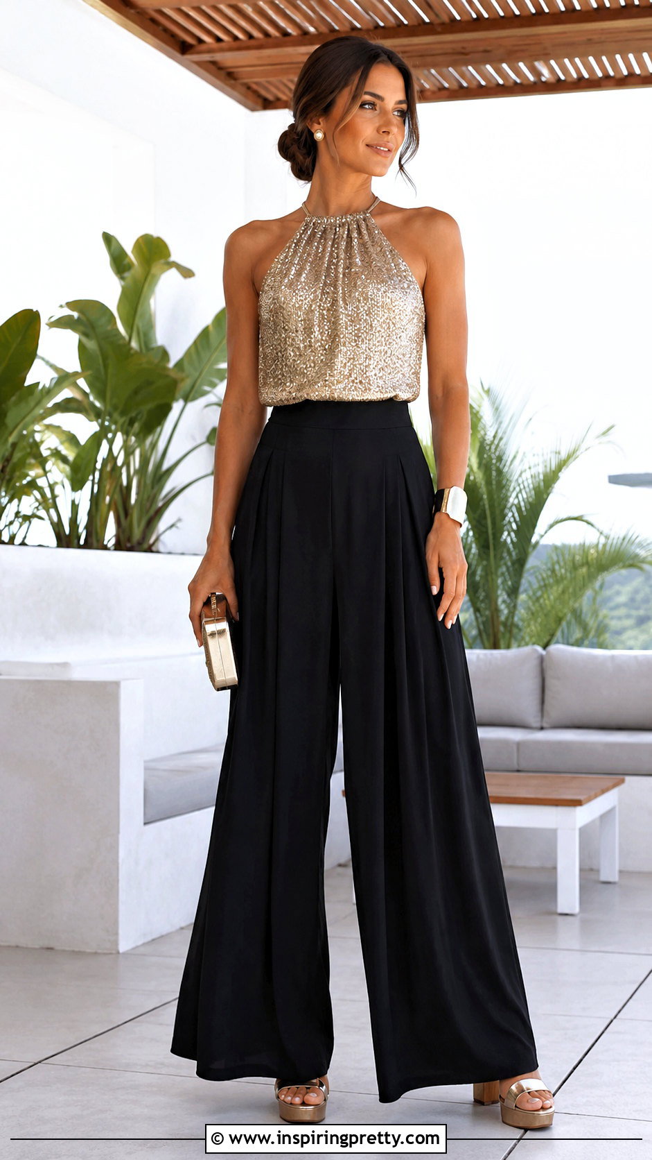 Sparkle Halter Top With Palazzo Pants - 50 sparkle top outfit ideas
