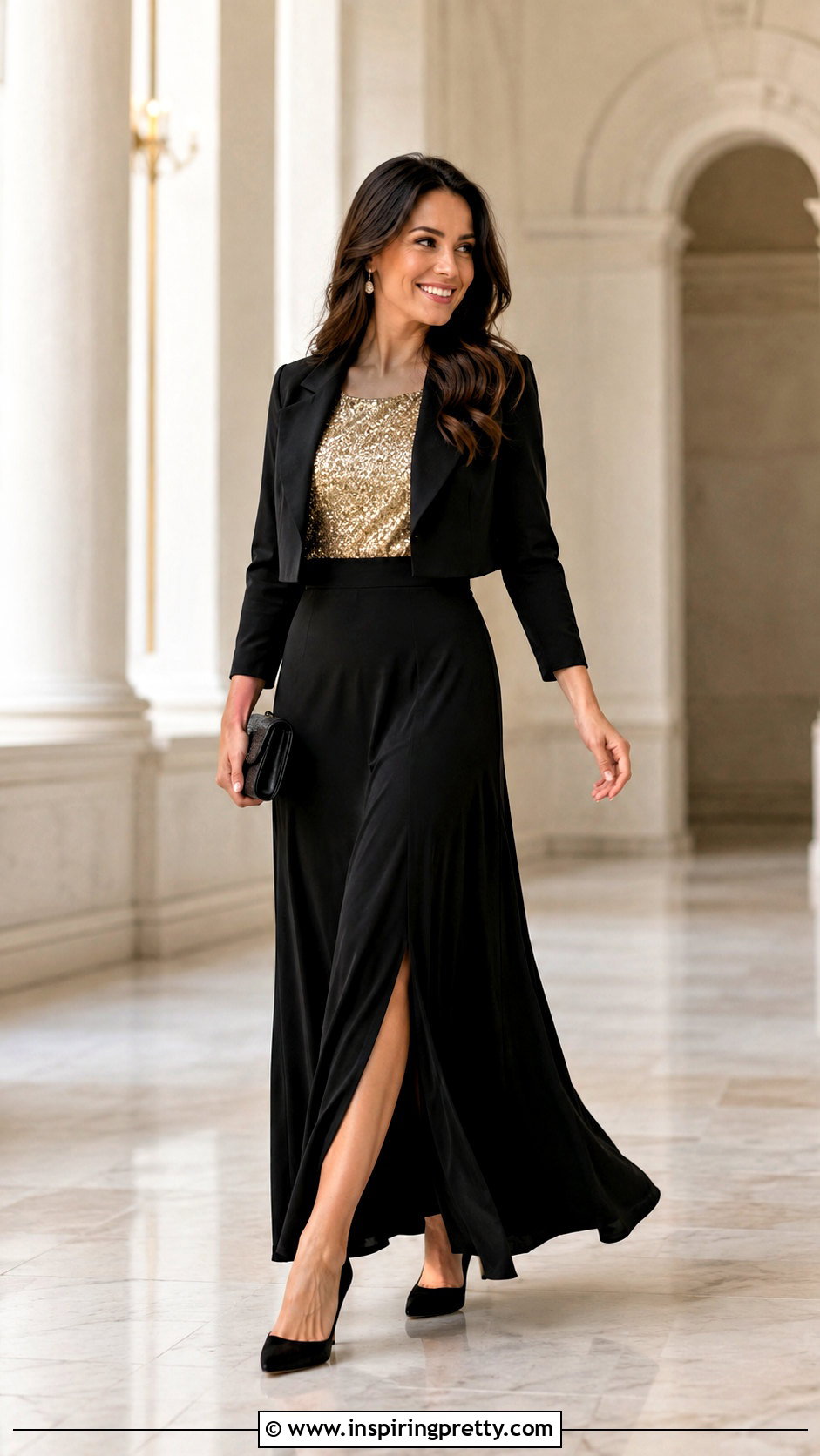 Sparkle Top With Black Maxi Skirt - 50 sparkle top outfit ideas