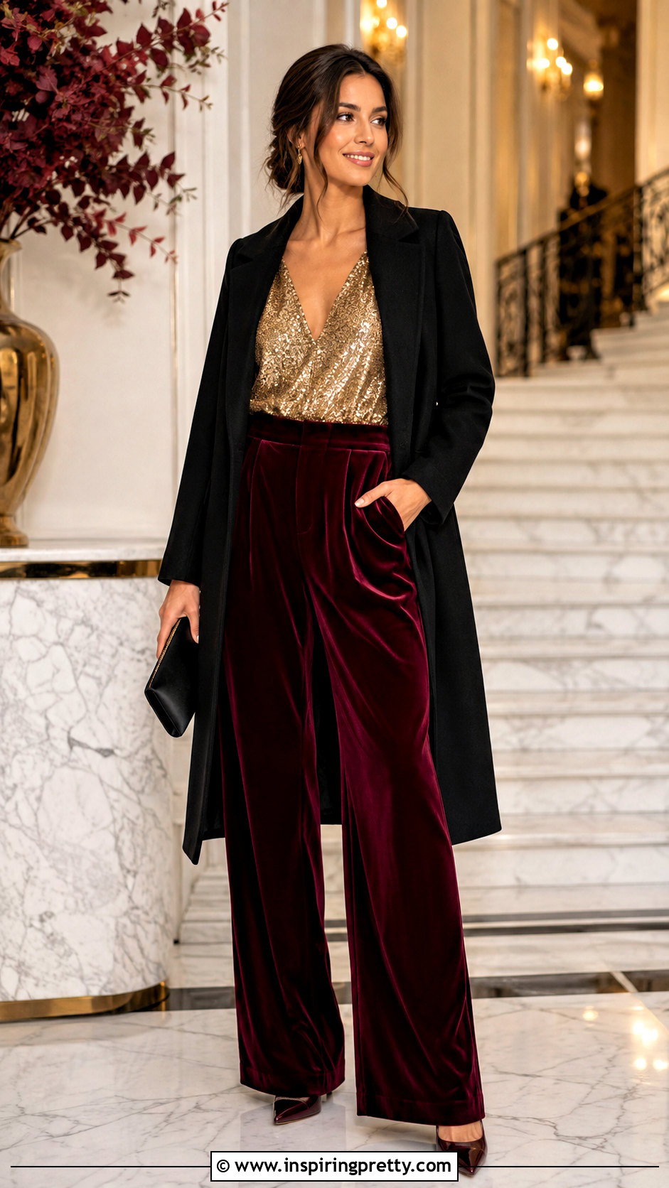 Sparkle Top With Velvet Trousers - 50 sparkle top outfit ideas