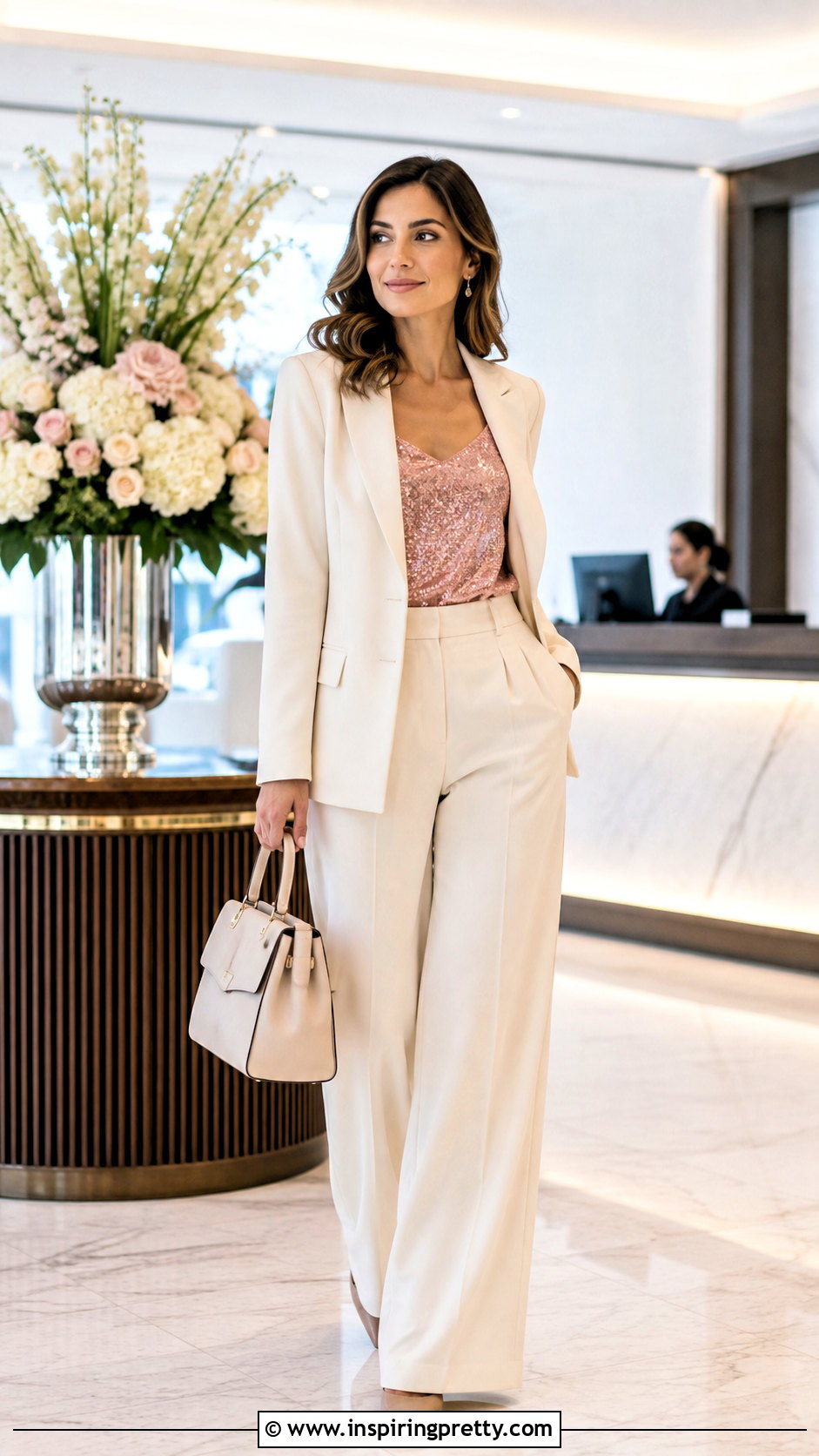 Sparkle Top With White Suit - 50 sparkle top outfit ideas