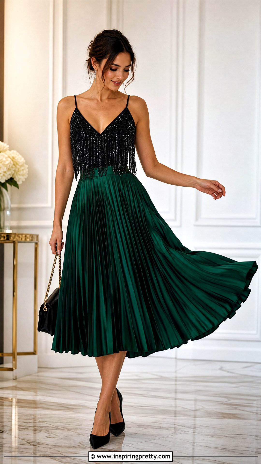 Sparkly Fringe Top With a Pleated Midi Skirt - 25 Sparkly Fringe Top outfit ideas