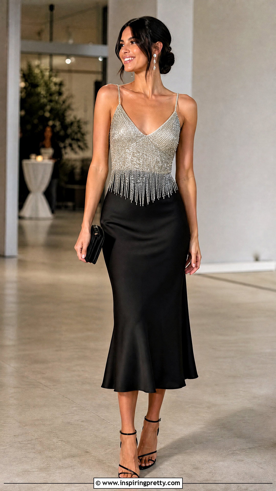 Sparkly Fringe Top With a Satin Midi Skirt - 25 Sparkly Fringe Top outfit ideas