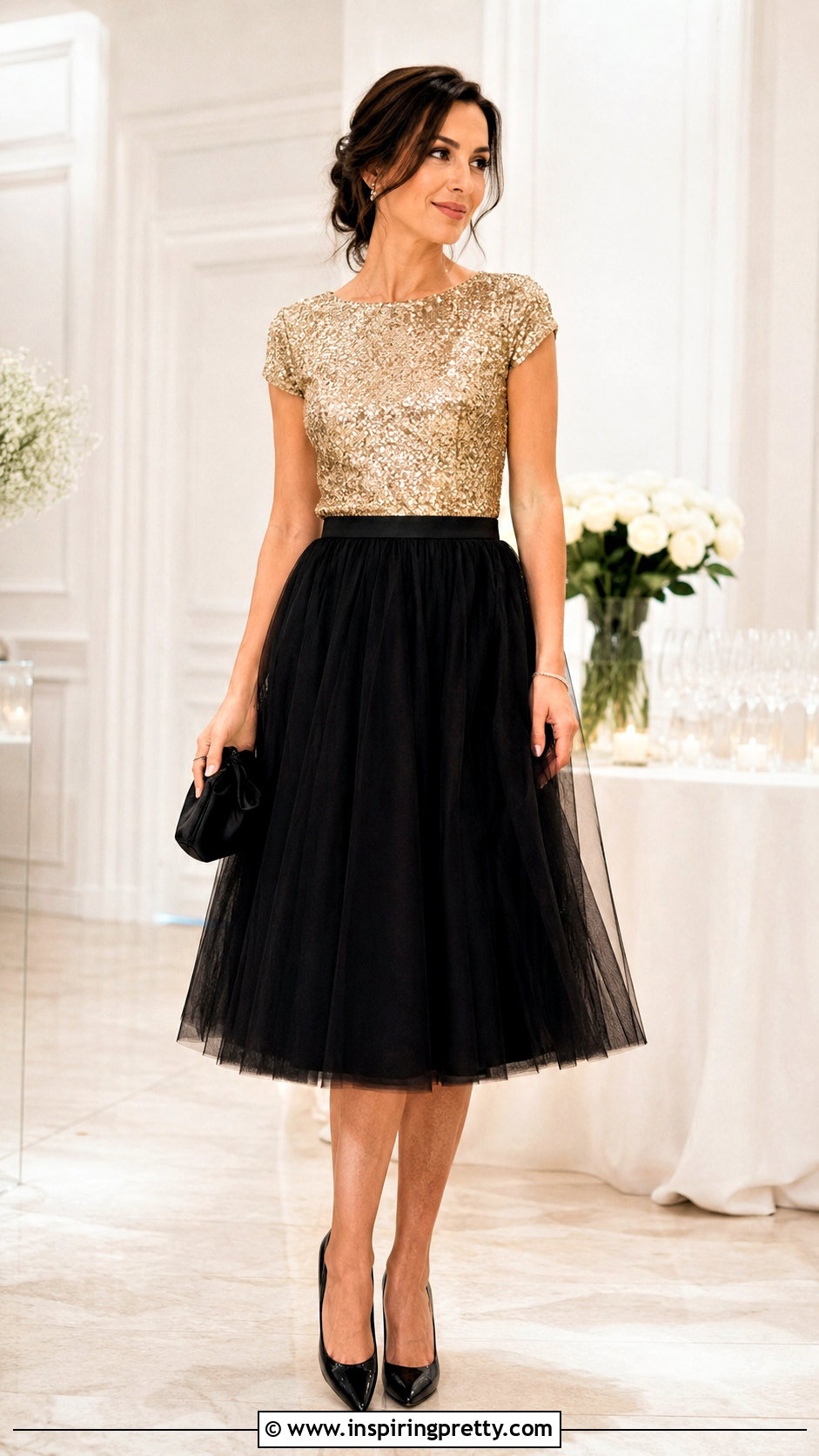 Sparkly Gold Party Top With Black Tulle Midi Skirt - 20 Sparkly Gold Party Top outfit ideas