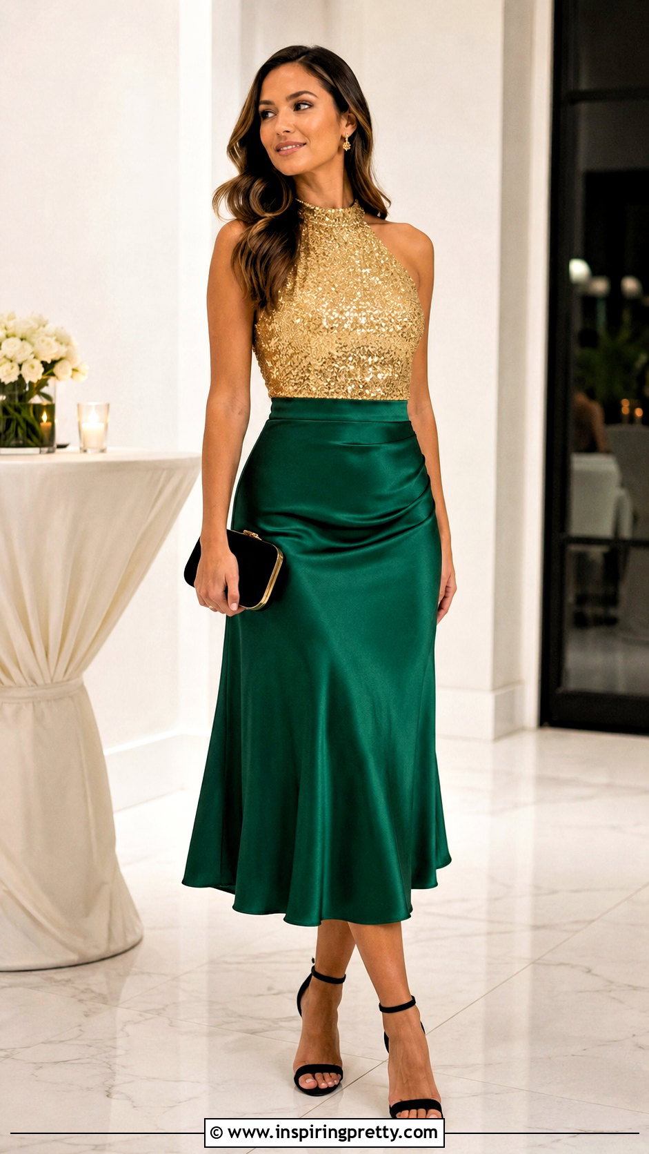 Sparkly Gold Party Top With Emerald Green Midi Skirt - 20 Sparkly Gold Party Top outfit ideas