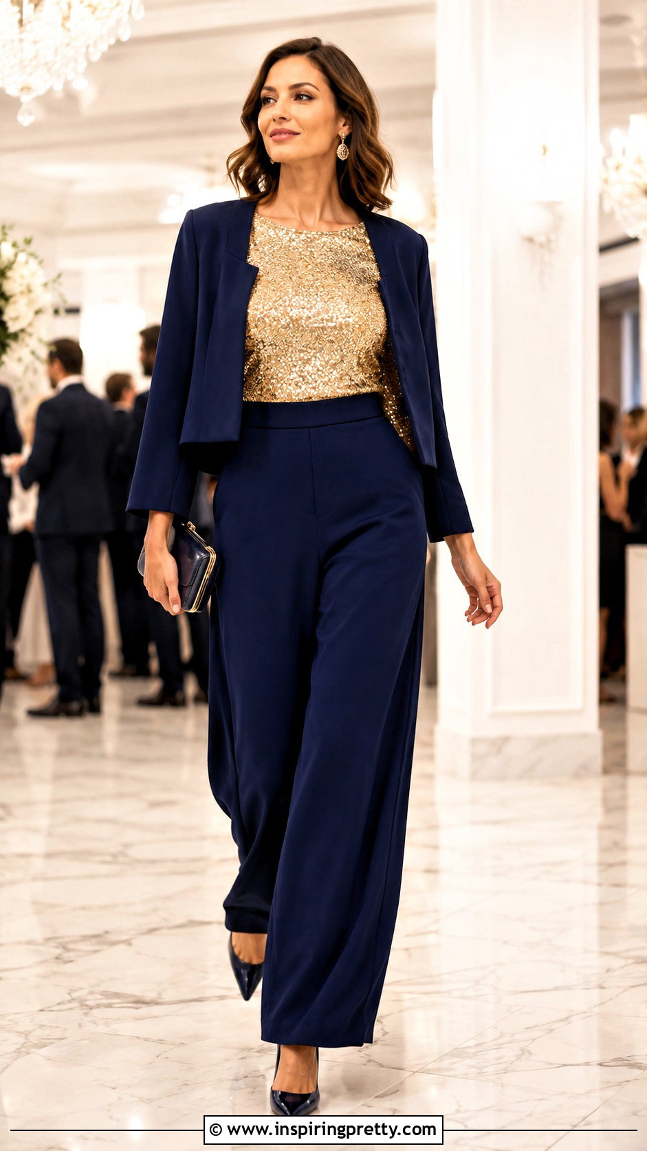 Sparkly Gold Party Top With Navy Palazzo Pants - 20 Sparkly Gold Party Top outfit ideas