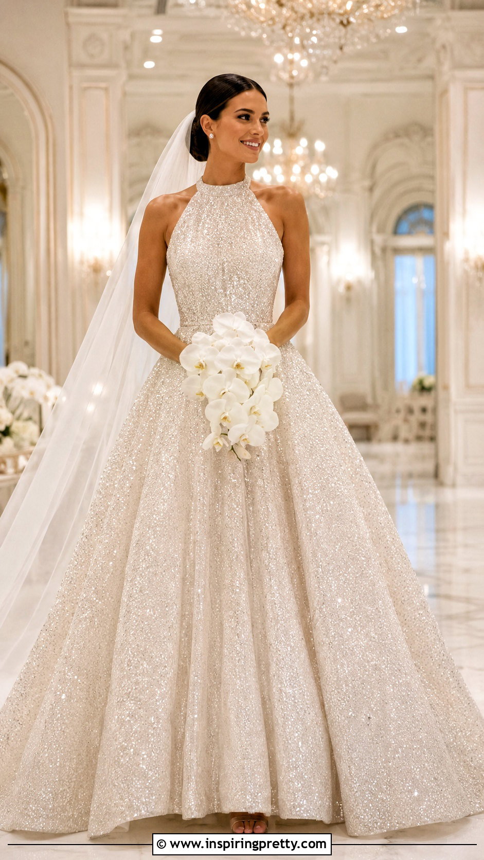 Sparkly Halter Ball Gown Wedding Dress With Plain Veil - 25 Halter Top Ball Gown Wedding Dress outfit ideas