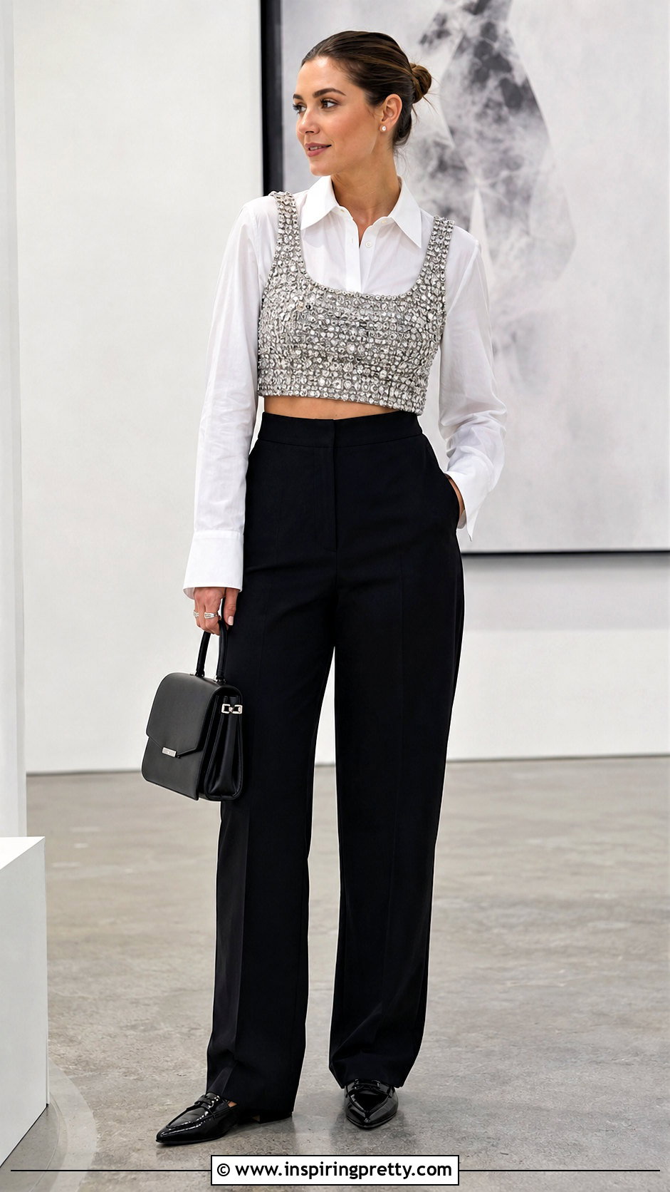Sparkly Silver Crop Top Over A White Shirt - 20 sparkly silver crop top outfit ideas