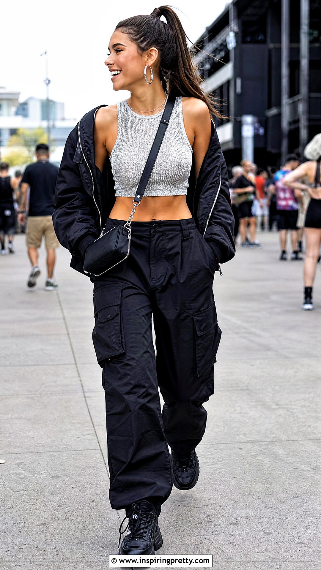 Sparkly Silver Crop Top With Black Cargo Pants - 20 sparkly silver crop top outfit ideas
