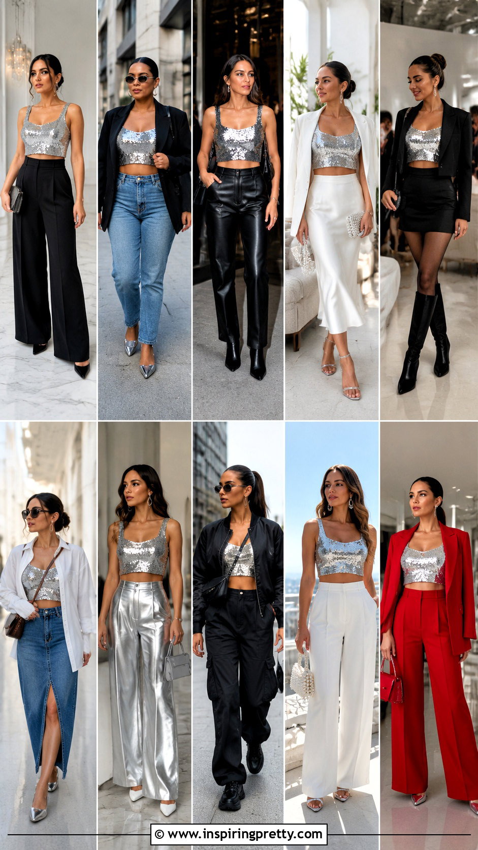 Sparkly Silver Crop Top With Black Wide Leg Pants - 20 sparkly silver crop top outfit ideas